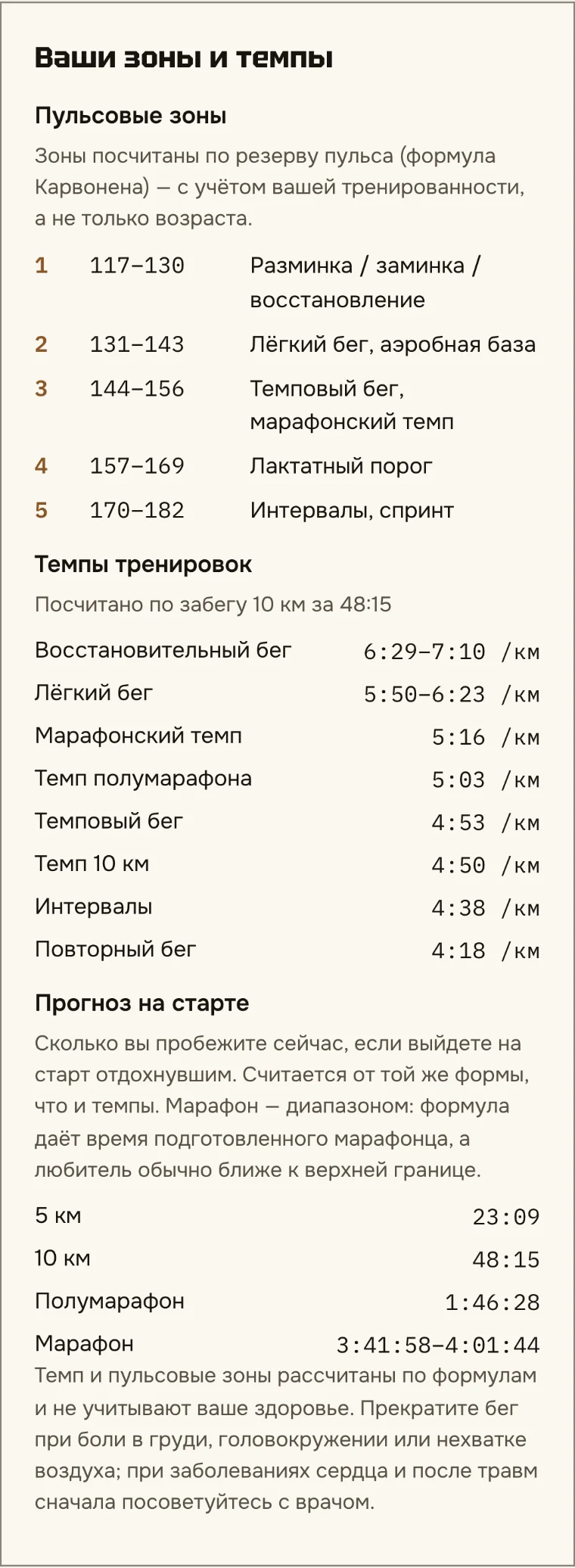 Экран «Ваши зоны и темпы»: пульсовые зоны по Карвонену, темпы тренировок и прогноз на старте